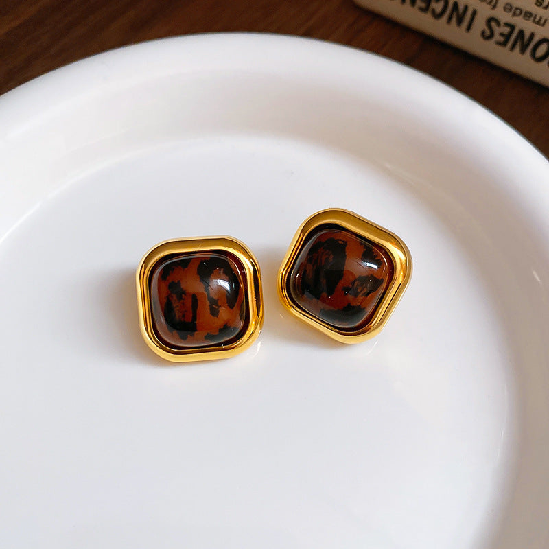 A廠【HE23723】925銀針豹紋方形耳環美拉德復古小眾百搭耳環輕奢高級感氣質耳環秋冬 24.11-4