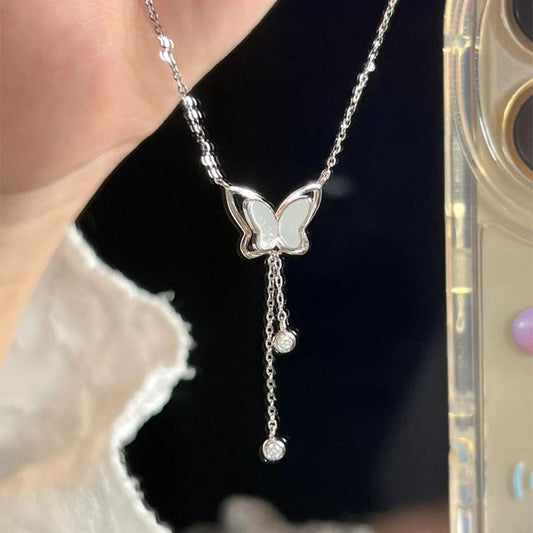 F廠【DQ1231N】S925純銀輕奢小眾貝殼蝴蝶項鍊女精緻氣質閃鋯流蘇ins鎖骨鏈
 25.10-4