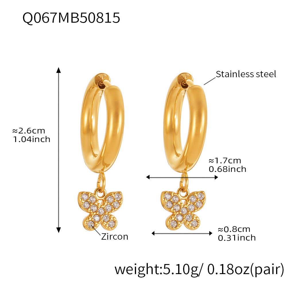 B廠【Q062】歐美飾品不銹鋼蝴蝶吊墜帶鑽耳環鍍18k真金跨境熱銷耳飾女 25.08-5