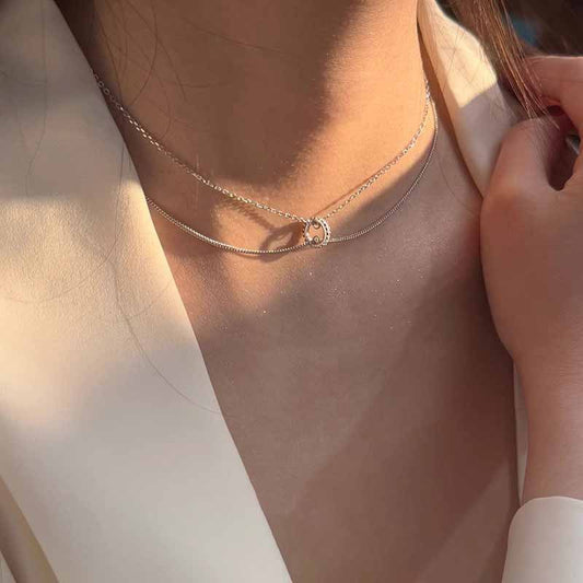 F廠【DQ1313N】S925純銀小眾設計簡約雙層疊戴項鍊女冷淡風鑲鑽圓環鎖骨鏈潮 25.04-3