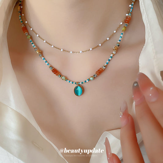 A廠【HN9067】復古鈦鋼貓眼石瑪瑙橢圓形吊墜項鍊時尚簡約鎖骨鏈輕奢高級感頸鏈 25.06-2