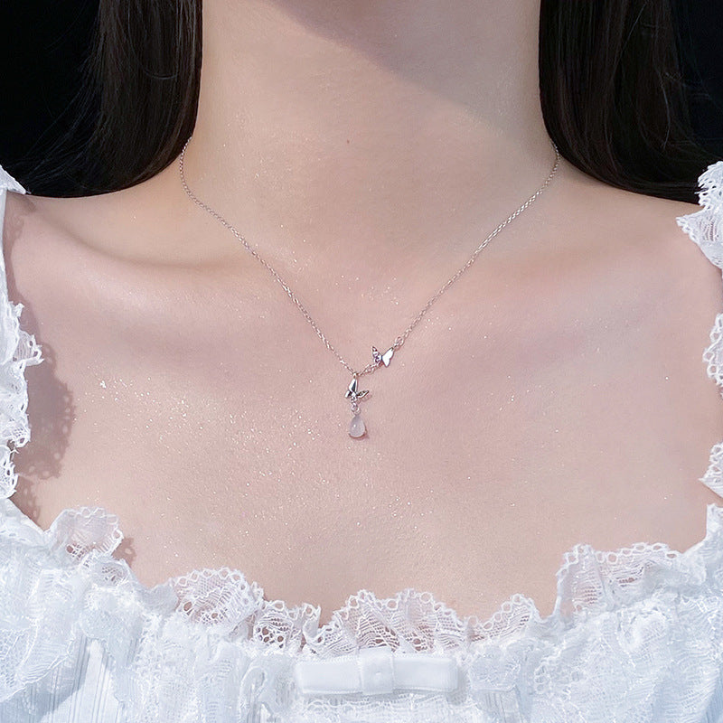 E廠【YC0009N】S925純銀蝴蝶水滴項鍊小清新甜美氣質女小眾設計感鎖骨鏈 24.10-4