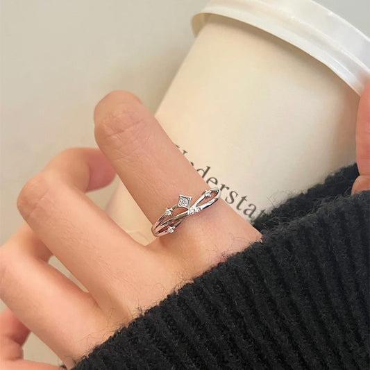 F廠【DQ8142R】S925純銀韓版流星線條交叉戒指女雙層設計星星開口食指戒指環 25.06-3