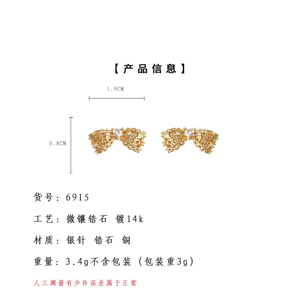 C廠【6915】時尚老錢風微鑲鋯石925銀針蕾絲花邊鏤空蝴蝶結新款耳飾耳環
25.10-2