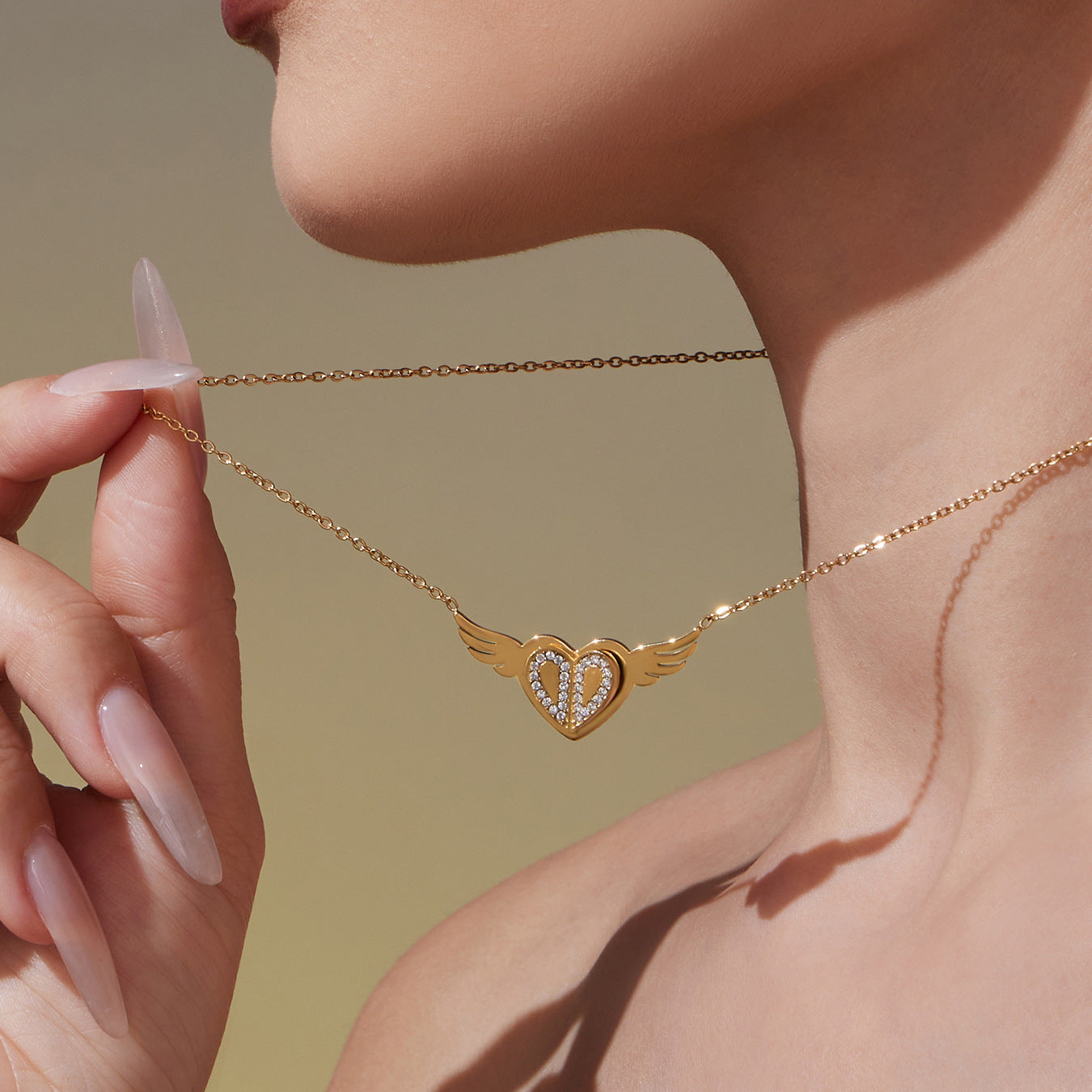 B廠【P1654】不鏽鋼愛心鑲嵌鋯石天使翅膀吊墜項鍊刀片鏈小鋼珠雙層疊戴
 25.10-3