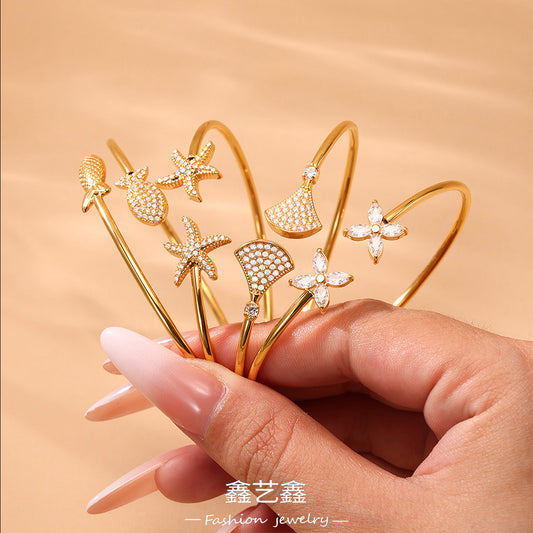 B廠【Z440】海洋沙灘風幾何海星造型鑲5A鋯石開口手鐲不鏽鋼鍍18k真金 25.06-4