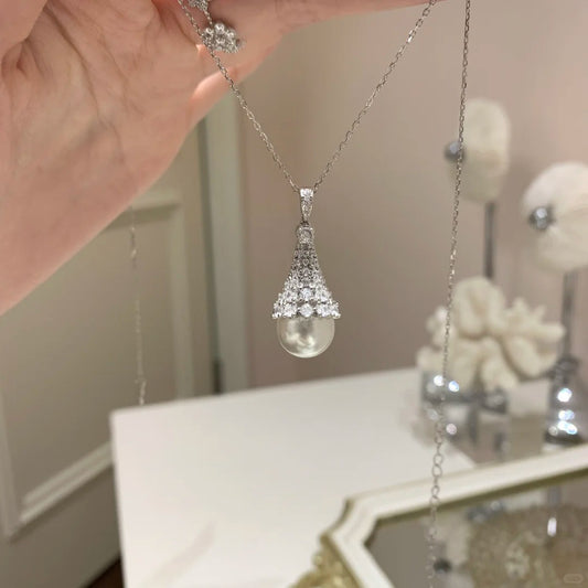 F廠【DQ1222N】法式輕奢風滿鑽雪塔珍珠925純銀項鍊頸鍊女氣質名媛風鎖骨鏈
 25.08-5