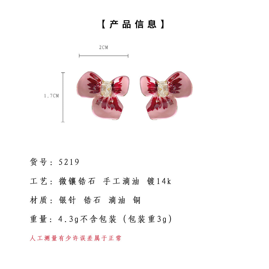 C廠【5219】琺瑯滴釉彩繪拉絲色鳶尾花耳環清新甜美三瓣花鋯石花朵春夏耳飾女 25.04-1