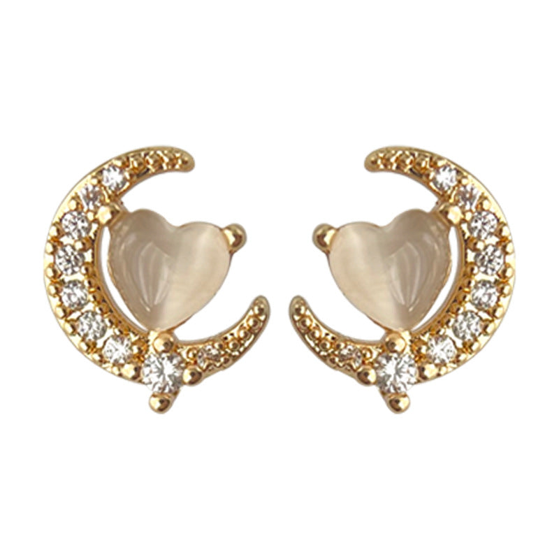 C廠【4408】微鑲鋯石玻璃貓眼石鍍14K月亮耳環簡約可愛小巧耳飾飾品 24.12-3