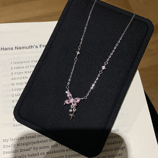 F廠【DQ0467N】925純銀ins甜蝴蝶粉鑽項鍊女輕奢高級感星星流蘇鎖骨鏈
 25.09-1