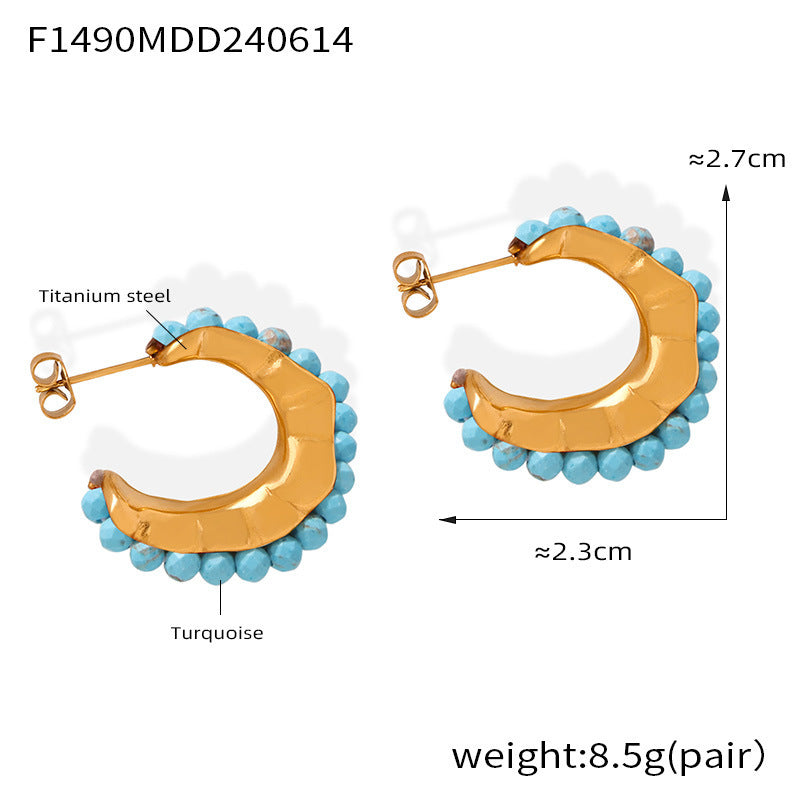 B廠【F976】歐美復古彩色天然石手工串珠耳環時尚小眾百搭鈦鋼C型鍍18k金耳飾 24.06-3