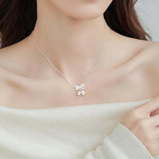 F廠【DQ1530N】S925純銀蝴蝶結鈴蘭花項鍊女甜美氣質磨砂花朵鎖骨鏈精緻首飾 25.08-2