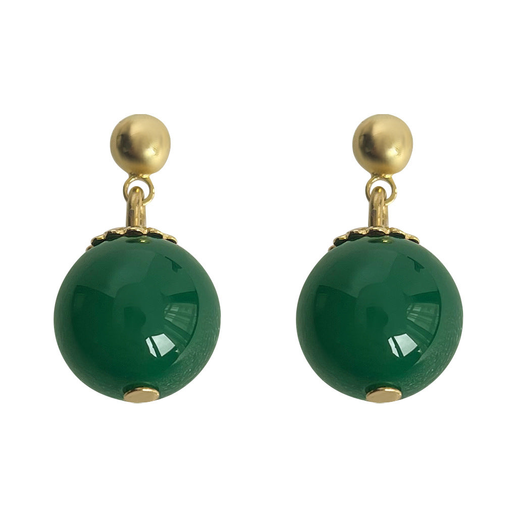 C廠【4063】復古宮廷風天然石綠瑪瑙圓球幾何鍍14K新中式耳環女氣質耳環 24.05-5
