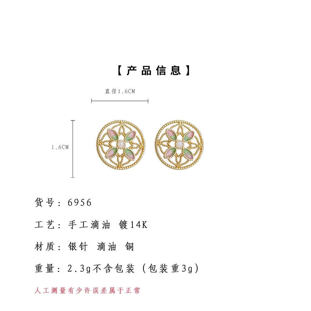 C廠【6956】原創設計國潮紋樣~琺瑯彩繪手工滴釉荷花唯美新款925銀針耳環耳飾
 25.10-4