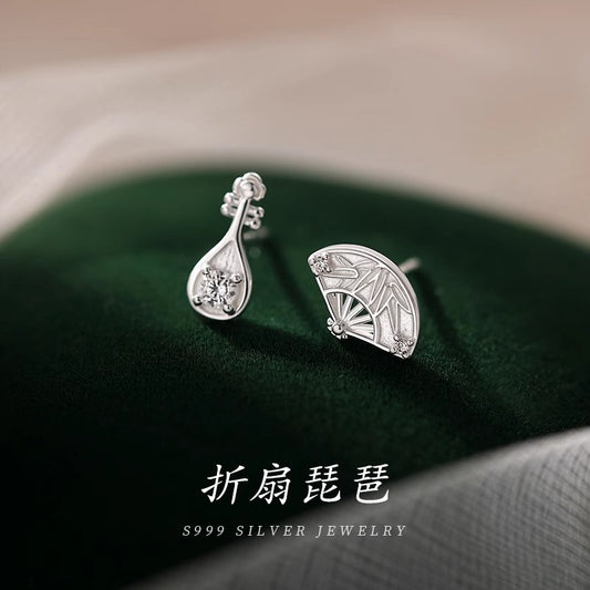 F廠【DQ10821E】足銀999民族風琵琶折扇耳環女新中式不對稱扇子復古國風耳飾 25.05-2