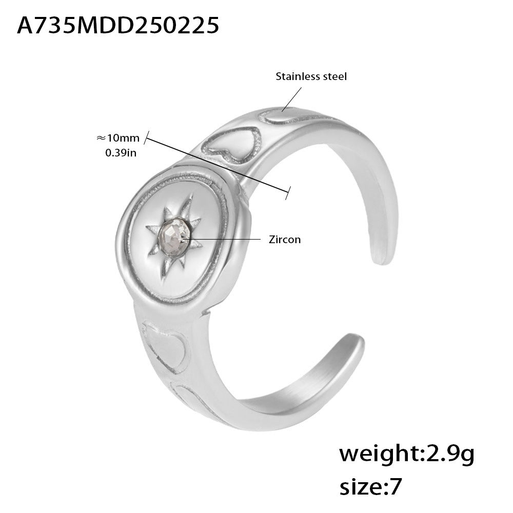 B廠【A735】歐美飾品不鏽鋼鑲鋯石開口戒指小眾設計愛心指環電鍍18k金 25.02-4