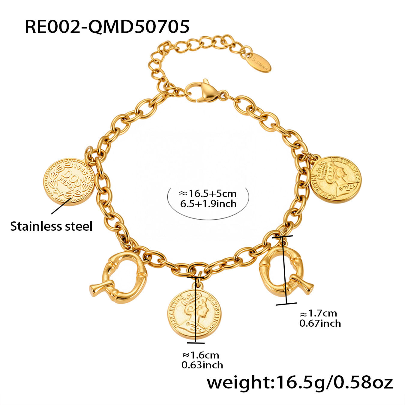 B廠【RE002】歐美飾品不鏽鋼26個字母伊莉莎白女王圖像手鍊鍍18k金色保色 25.07-3