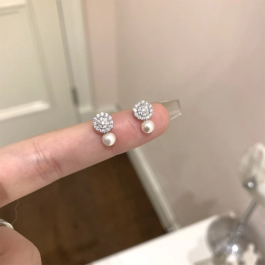 F廠【DQ10064E】S925純銀精緻復古仿珍珠耳環女日韓氣質圓形滿鑽時尚小巧耳飾 25.06-2