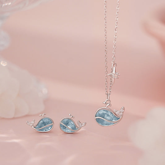 E廠【YC2091N】S925純銀鯨魚耳環兩件套女可愛精緻晶瑩剔透清新甜美套裝韓風鎖骨鏈 25.06-4