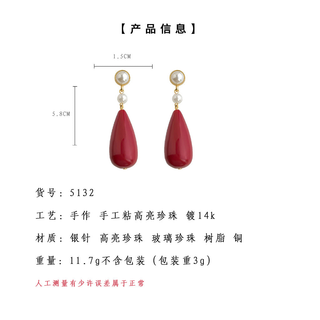 C廠【5132】港風美人!復古氣質中古長水滴安可拉紅手工藝設計感耳環 24.11-2