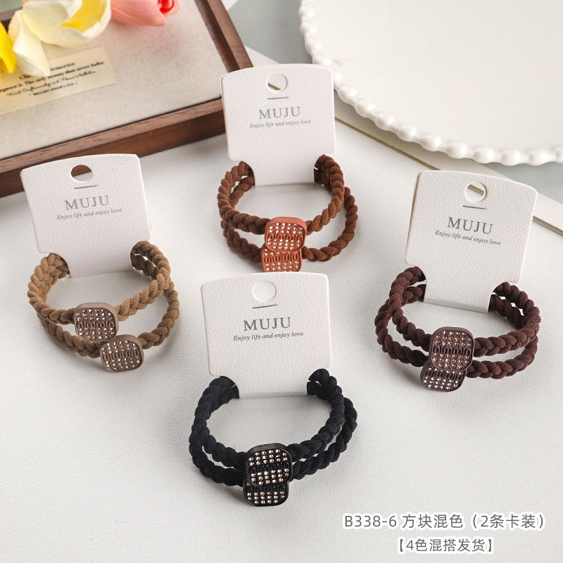 D廠【B338】2條卡裝鑲鑽髮繩韓版髮飾高級感吊牌頭繩髮圈高彈性加粗編織皮筋 25.05-5「D廠-單筆結帳需滿,NT$600出貨(不含運費)」