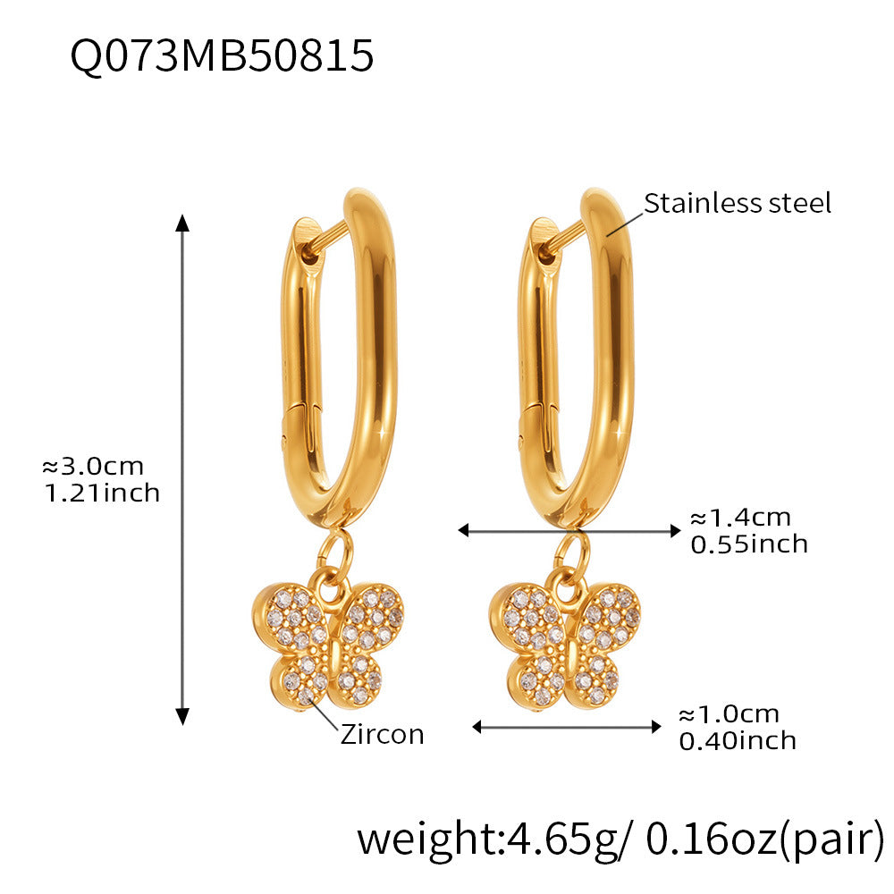 B廠【Q062】歐美飾品不銹鋼蝴蝶吊墜帶鑽耳環鍍18k真金跨境熱銷耳飾女 25.08-5