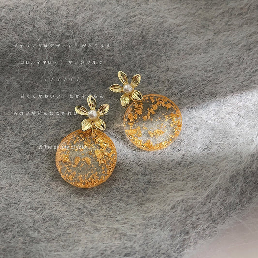 C廠【3493】原創設計撒金箔效果手工幾何耳環新中式立體桃花高級感珍珠耳飾女 25.05-1