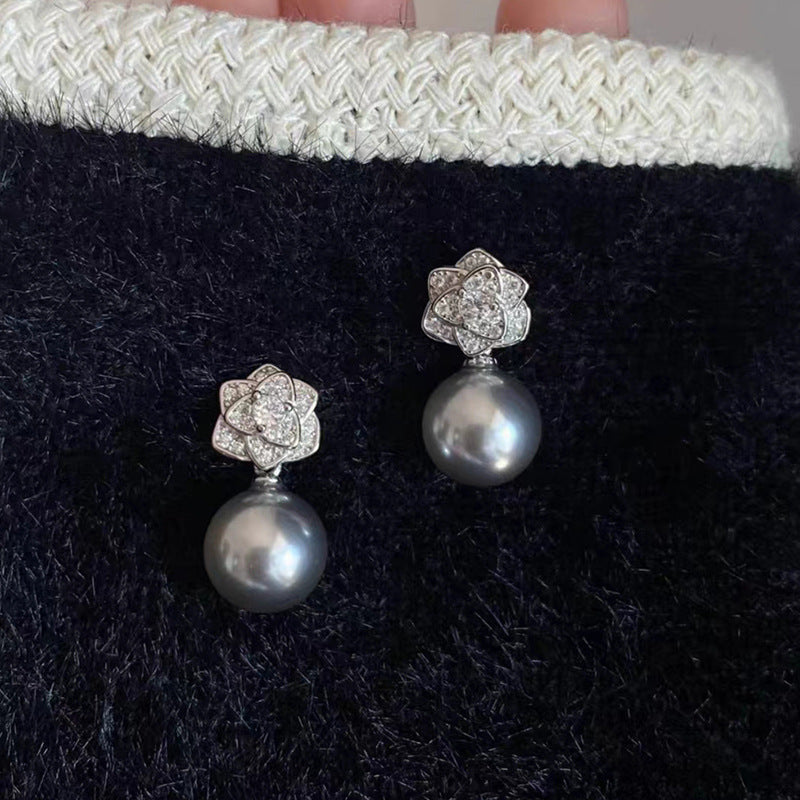 E廠【YC10189E】S925純銀輕奢鑲鑽花朵珍珠耳環女簡約精緻氣質花朵耳飾品 24.04-4