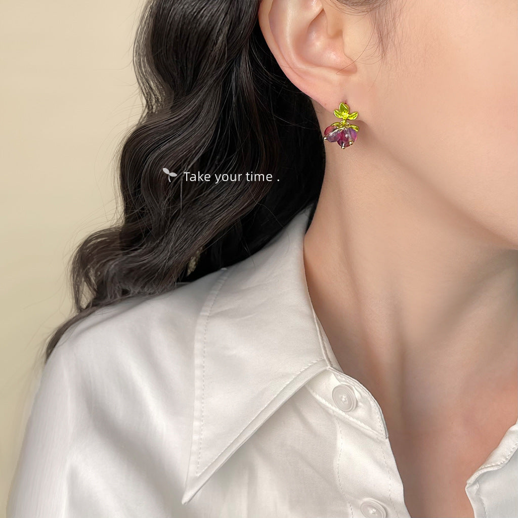 C廠【B-502】手工紫葡萄串耳環清新甜美春夏少女感度假風俏皮紫色水果耳飾銀針 25.04-4