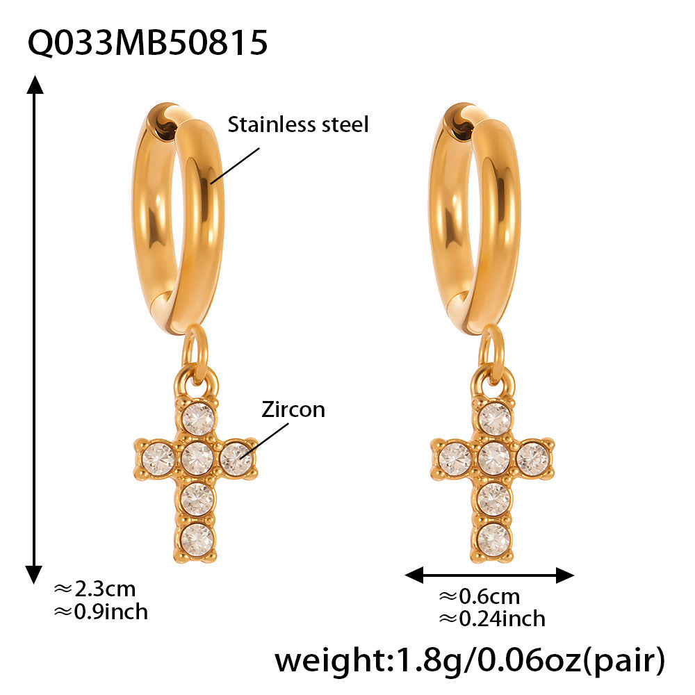B廠【Q015】不鏽鋼超閃5A鋯石十字架耳環跨國簡約輕奢風耳環鍍18k真金 25.08-5