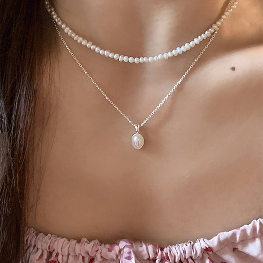 F廠【DQ2036N】S925純銀韓版氣質仿珍珠項鍊女輕奢小眾高級感橢圓吊墜鎖骨鏈 25.02-2