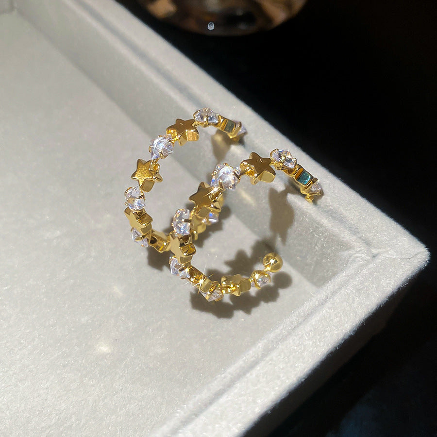 A廠【WE4838】925銀針超閃鋯石星星幾何C形耳環簡約百搭時尚耳環輕奢高級感耳飾女
 25.10-5