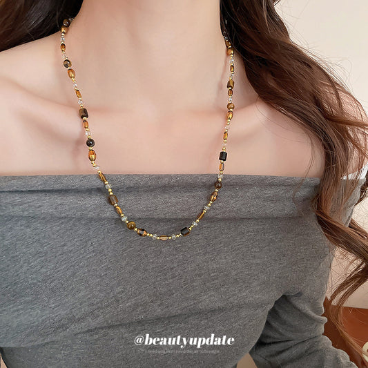 A廠【HN8645】美拉德復古虎眼石串珠項鍊個性氣質百搭鎖骨鏈時尚高級感頸鍊項鍊飾 25.05-1