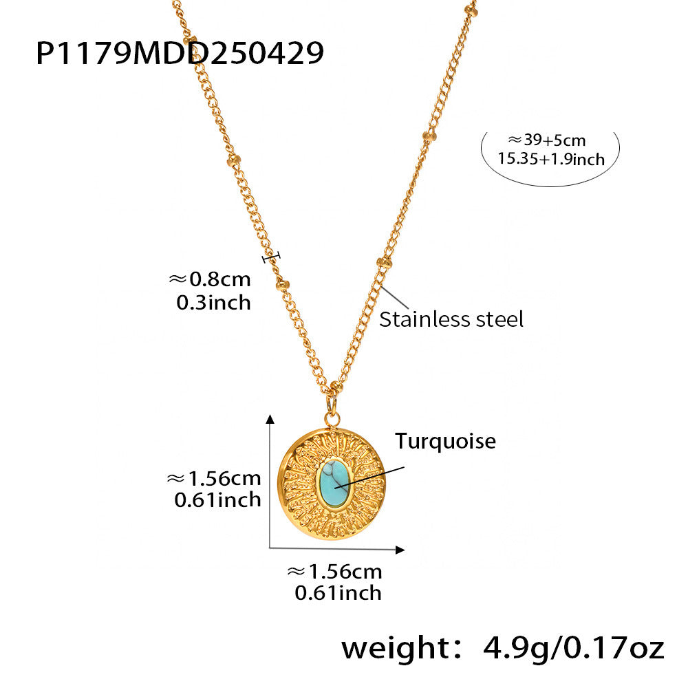 B廠【P1179】ins法式新款切面天然石圓牌吊墜鎖骨項鍊不鏽鋼18k鍍金飾品 25.05-2
