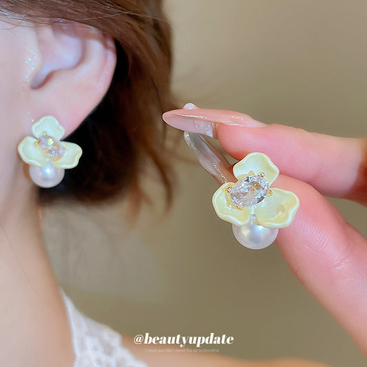 A廠【HE27434】925銀針鋯石花朵珍珠耳環精緻優雅時尚耳環輕奢高級感耳飾設計感小眾 25.06-4