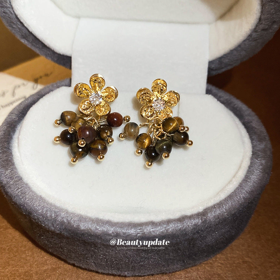 A廠【HE28971】925銀針虎眼石鋯石花朵流蘇吊墜耳環美拉德風耳環輕奢高級感耳飾
 25.10-3