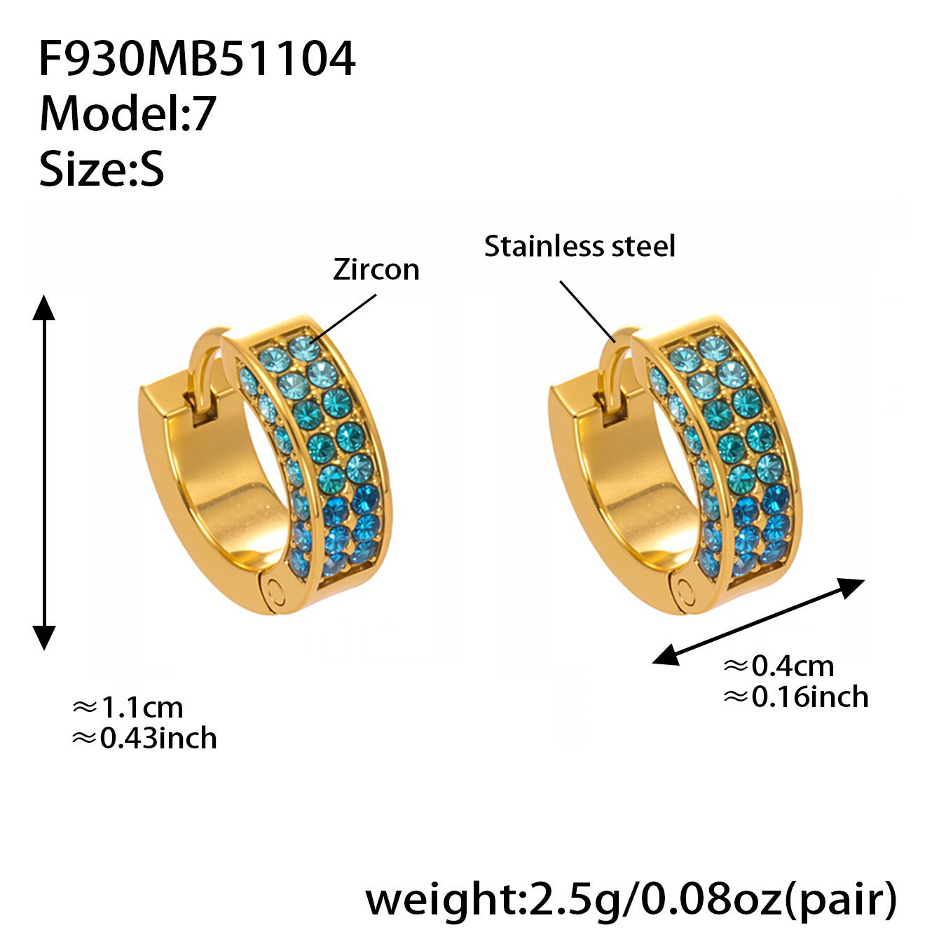 B廠【F930】ins風高品質彩色5A鋯石圓圈卡扣耳環不鏽鋼鍍18k真金耳飾女
25.11-2