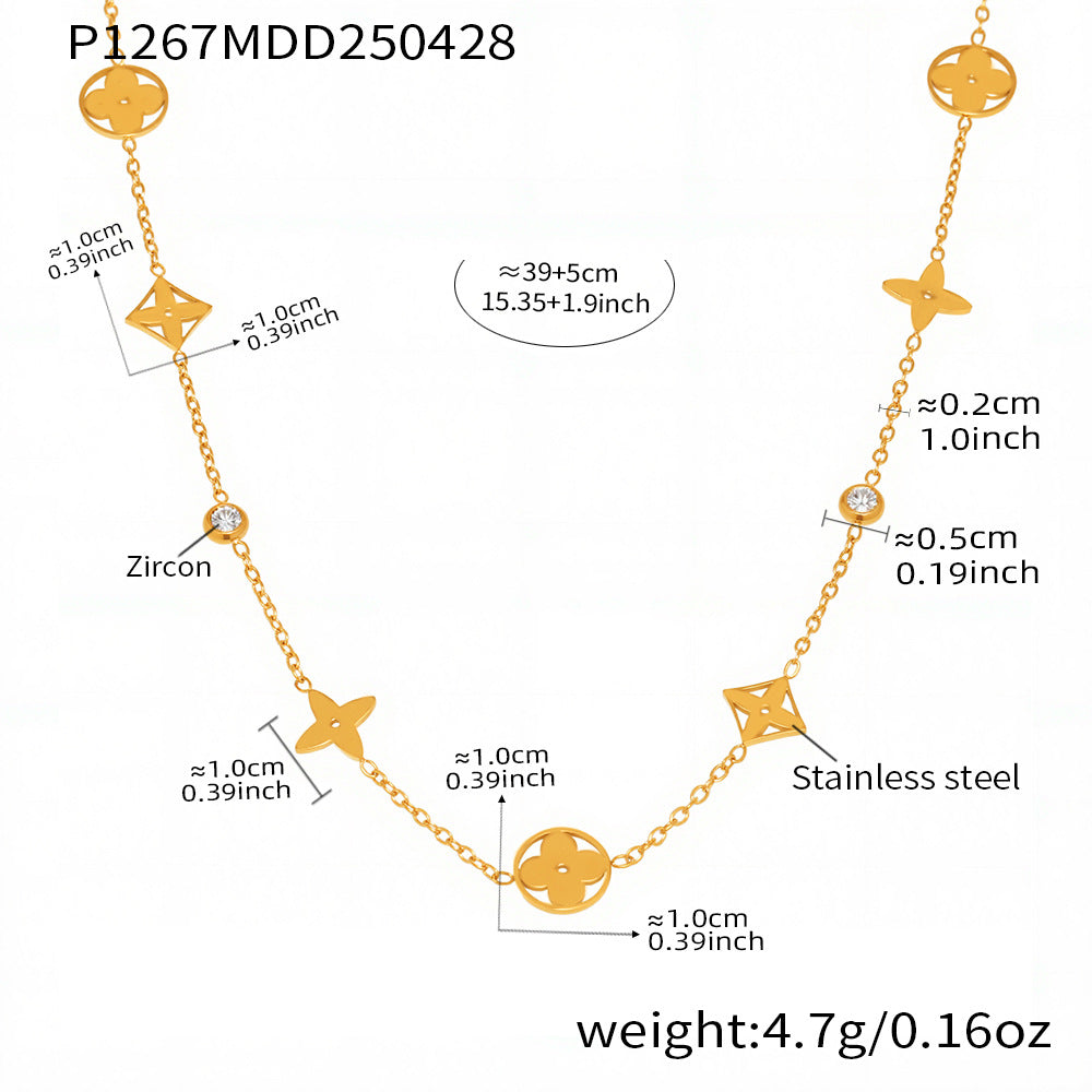 B廠【P1267】新款5A鋯石四葉花帶鑽鎖骨項鍊不鏽鋼材質鍍18k金保色飾品 25.05-2