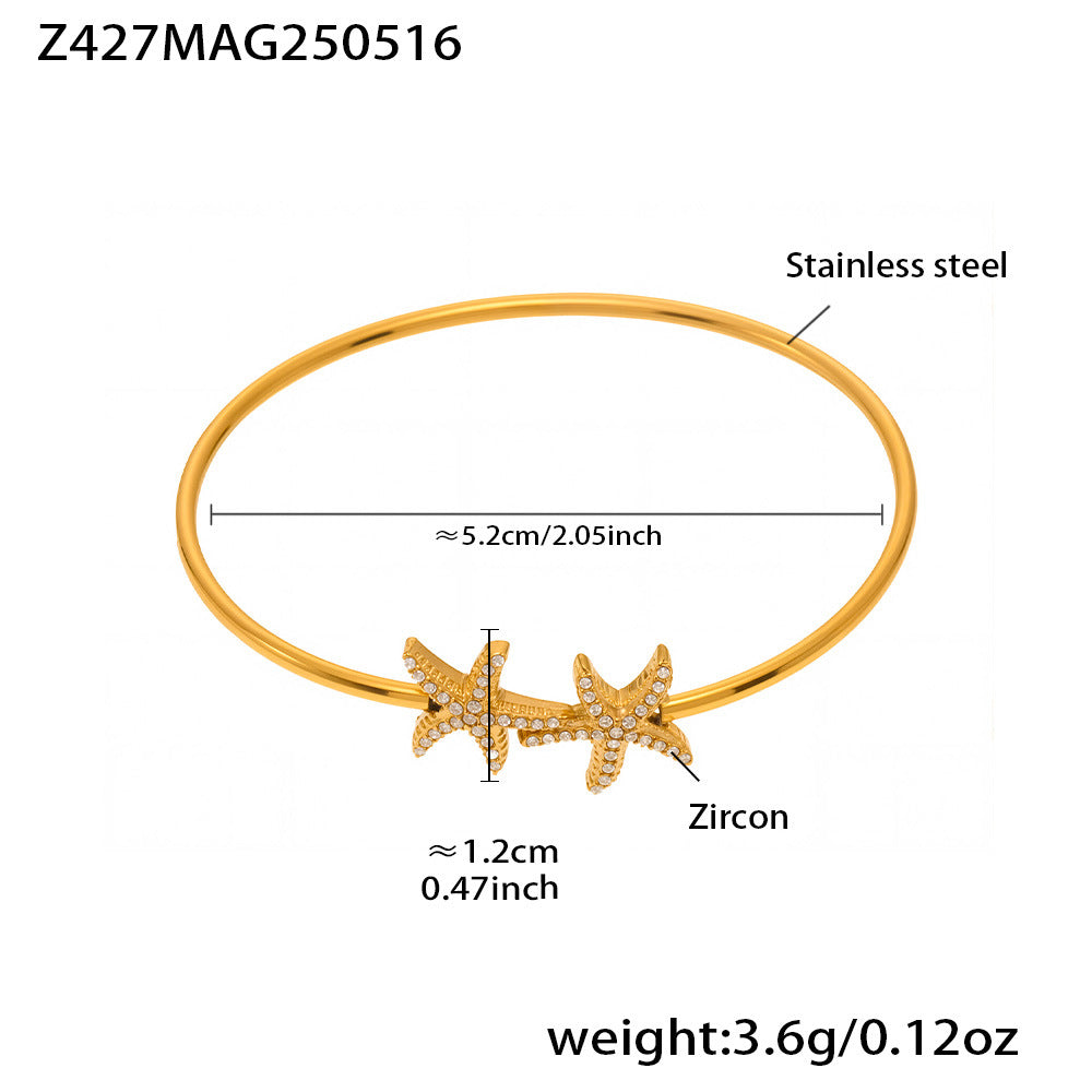 B廠【Z426】歐美INS風5A鋯石花朵帶鑽孔開口手鐲組合不鏽鋼鍍18k真金手鐲子 25.05-4