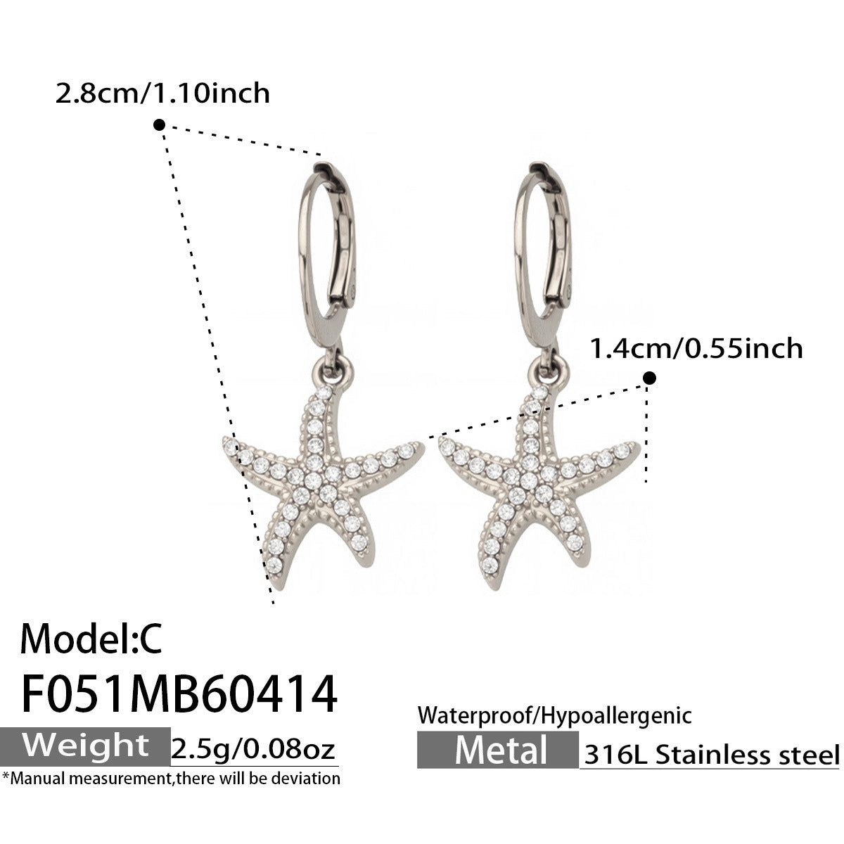 B廠【F051】小清新ins風小海星鑲嵌鋯石耳環歐美時尚新款不鏽鋼鍍18k真金耳飾
26.04-4