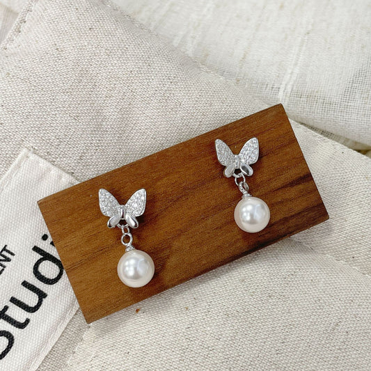 F廠【DQ11176E】足銀999韓系精緻蝴蝶仿珍珠耳環女時尚微鑲高級感純銀耳飾品 25.06-3