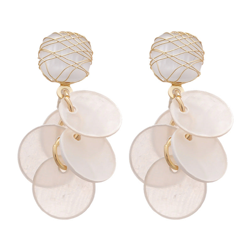 A廠【HE25258】925銀針圓形貝殼流蘇貓眼石耳環海邊度假風耳環輕奢高級感氣質耳飾女 25.03-3