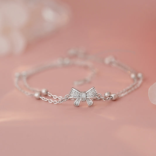 E廠 【YC4676SL】S925純銀蝴蝶結雙層手鍊文藝清新甜美韓風潮流高級手飾 25.06-2