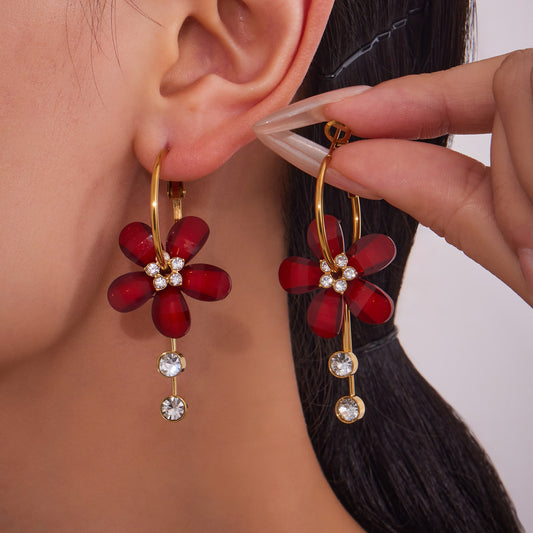 B廠【F607】超仙甜美氣質花朵帶鑽流蘇耳環不鏽鋼飾品鍍18k真金不掉色
 25.09-1