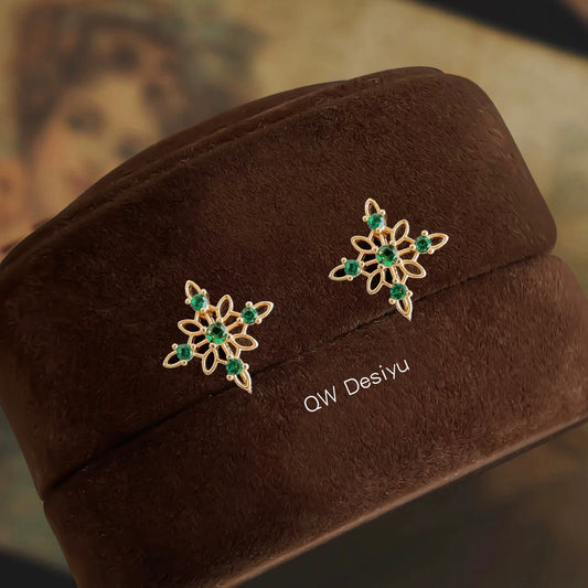 C廠【6684】微鑲祖母綠鋯石925銀針電鍍14K時尚高級感輕奢風鏤空芒星耳環耳飾
 25.09-1