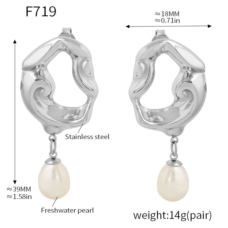 B廠【F719】歐美不對稱幾何耳環鈦鋼18k鍍金淡水珍珠耳環復古氣質耳環 25.04-2
