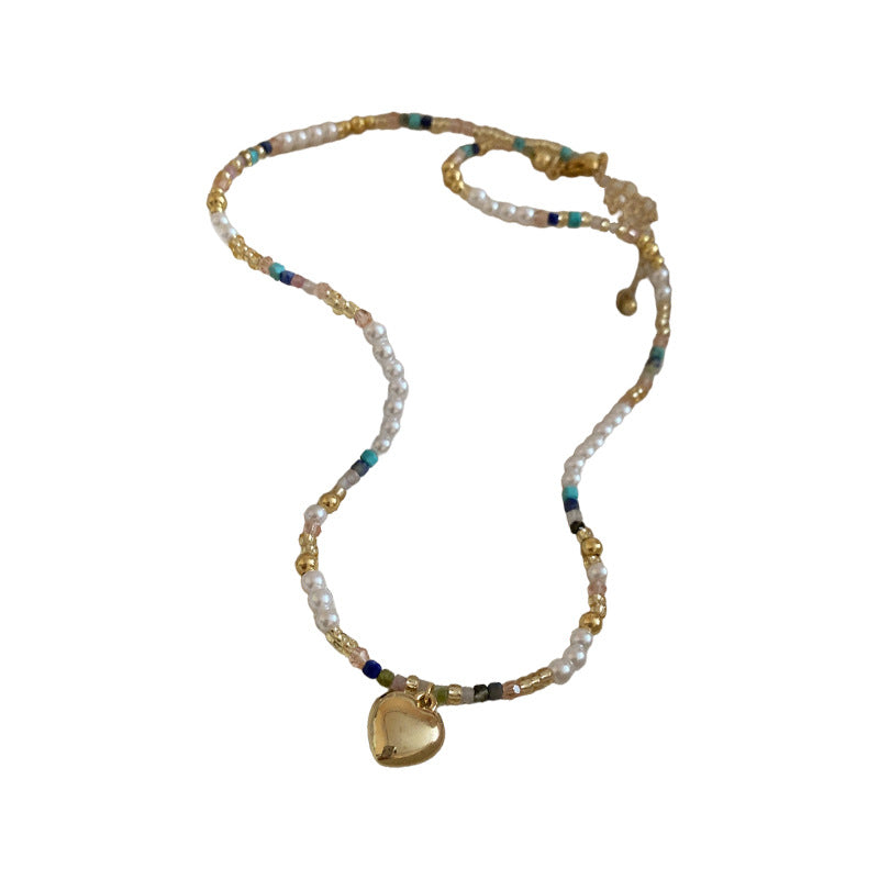 A廠【HN8233】彩色水晶珍珠愛心吊墜串珠項鍊春夏ins時尚鎖骨鏈小眾高級感頸鍊 25.02-4