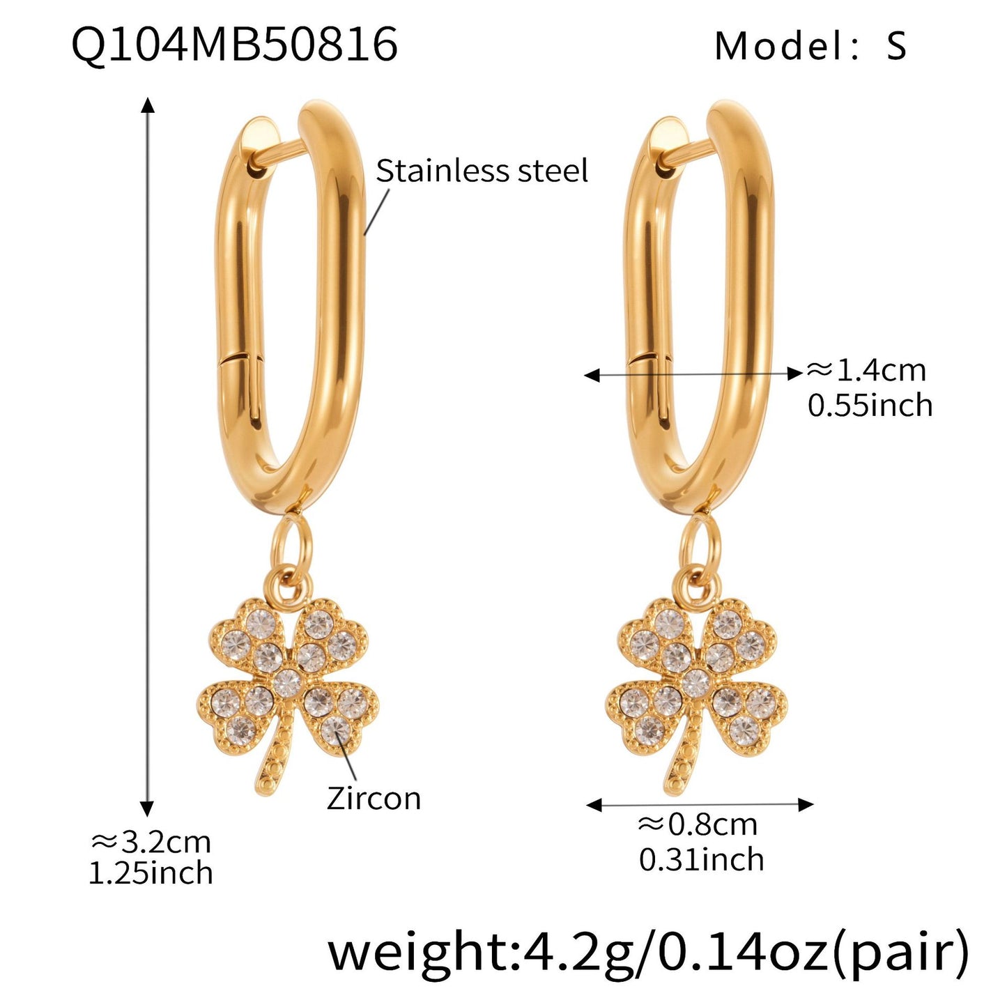 B廠【Q104】跨國新品不鏽鋼幸運草帶鑽耳墜耳環鍍18k真金簡約時尚飾品 25.08-5