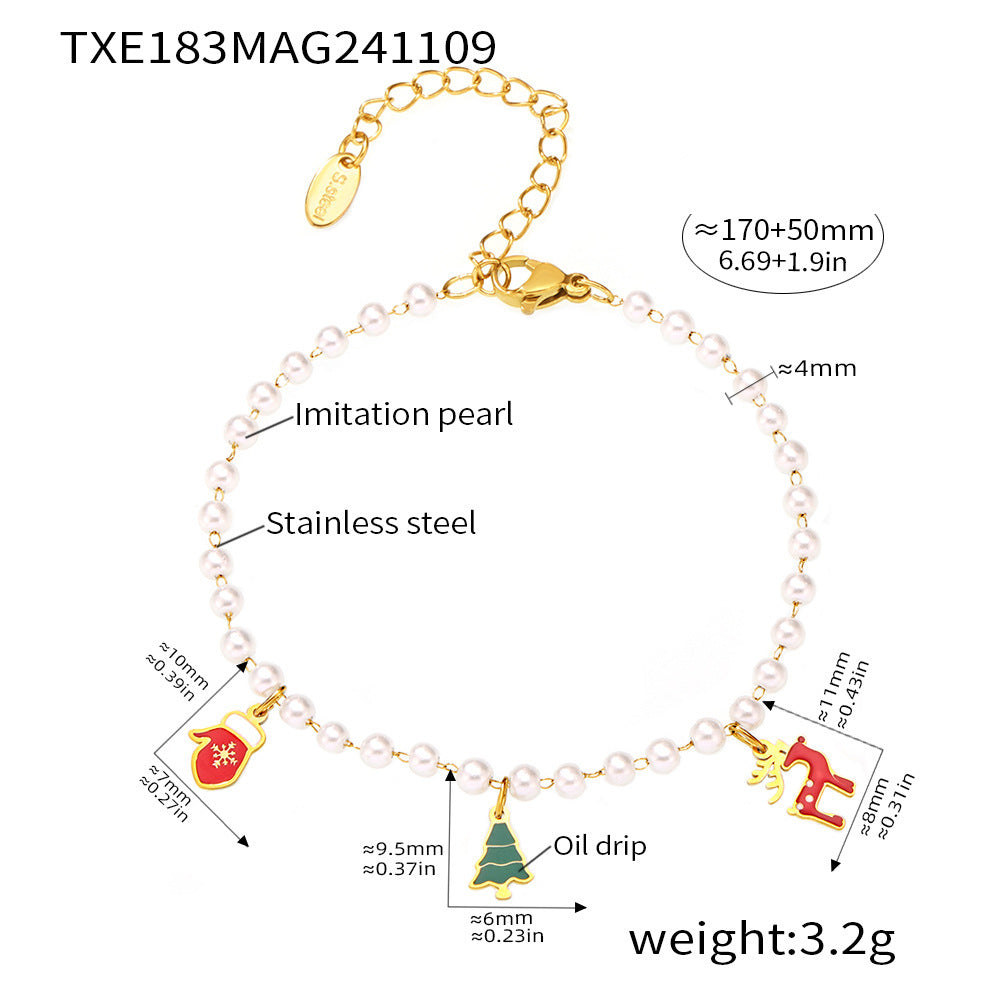 B廠【TXP183】歐美飾品不銹鋼聖誕樹手套麋鹿吊墜項鍊手鍊手工串貝珠套裝 24.11-3