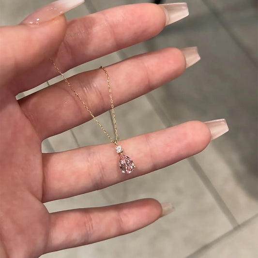 F廠【DQ1992N】S925純銀韓系甜美粉色水滴項鍊簡約精緻爆閃鋯石鎖骨鏈
 25.10-3